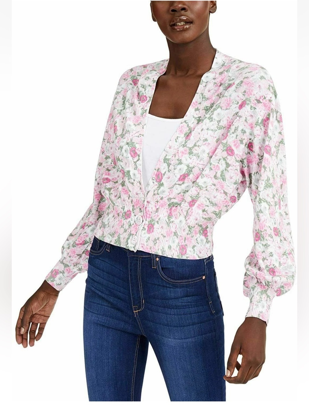 INC International Concepts Pink and White Floral Button-Front Cardigan SZ Large